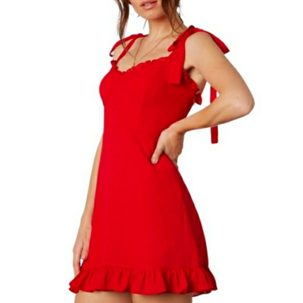 FOREVER 21 Red Ruffle Trim Smocked Back Strap Ties Mini Dress Small NWT